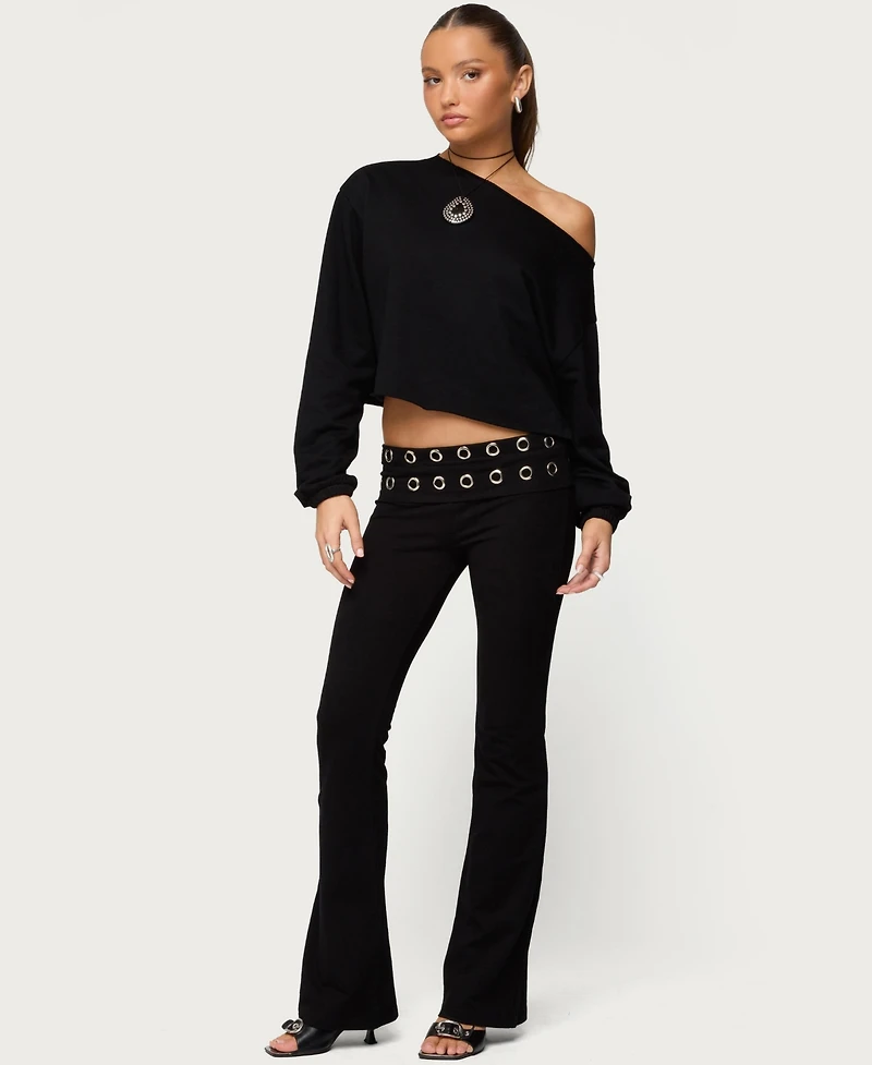 Edikted Women's Nairobi Grommet Foldover Flared Leggings