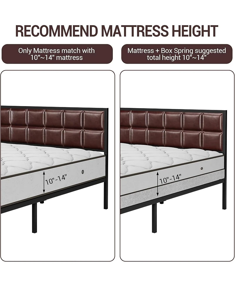 gaomon Queen Upholstered Metal Bed Frame with Square-Stitched Headboard, Faux Leather Platform Bed with Steel Slats Support, Box Spring Optional