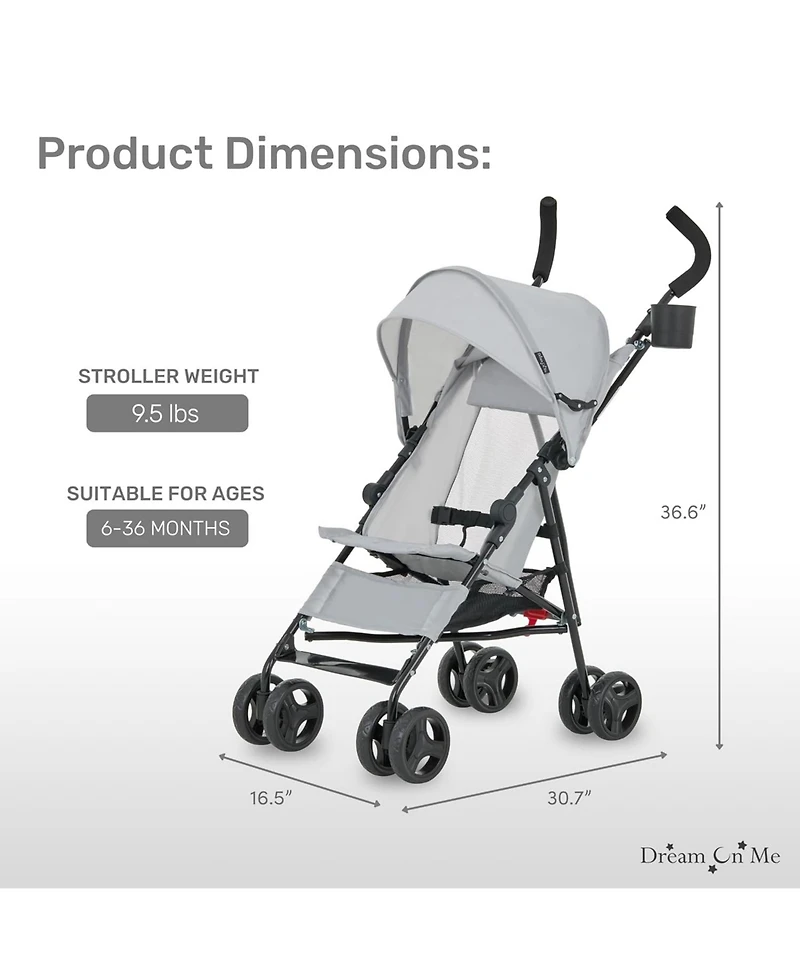 Dream On Me Toddler Rover Stroller: Lightweight, compact travel umbrella stroller. One-hand fold, lockable rear wheels, adjustable canopy, & 3-point h