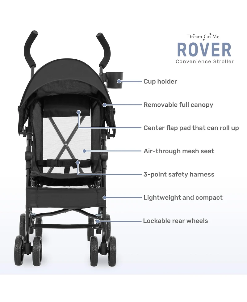 Dream On Me Toddler Rover Stroller: Lightweight, compact travel umbrella stroller. One-hand fold, lockable rear wheels, adjustable canopy, & 3-point h