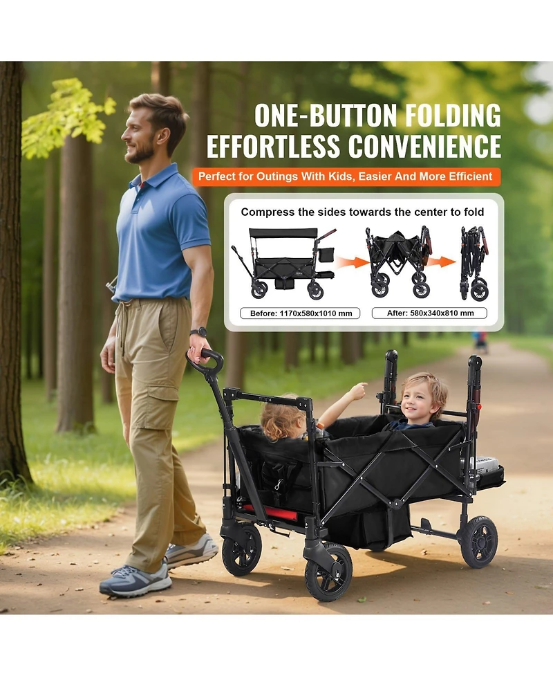 Mecale Wagon Stroller for 2 Kids, Collapsible Push Pull Quad with Adjustable Handle, Harness, Removable Canopy, 4 Wheels Brakes