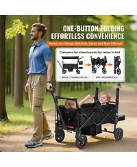 Mecale Wagon Stroller for 2 Kids, Collapsible Push Pull Quad with Adjustable Handle, Harness, Removable Canopy, 4 Wheels Brakes