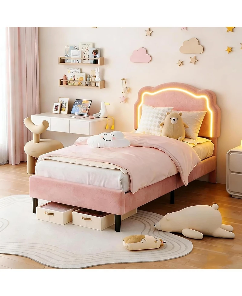 gaomon Twin Upholstered Smart Led Bed Frame with Velvet Princess Headboard, Wooden Slats Support, No Box Spring Needed