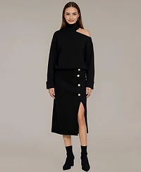 Modenaire Women's Lottie Asymmetric Turtleneck Pullover and Midi Skirt Set