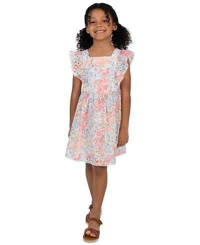 Rare Editions Girls' 2T-6X Printed Eyelet Square Neck Ruffle Dress