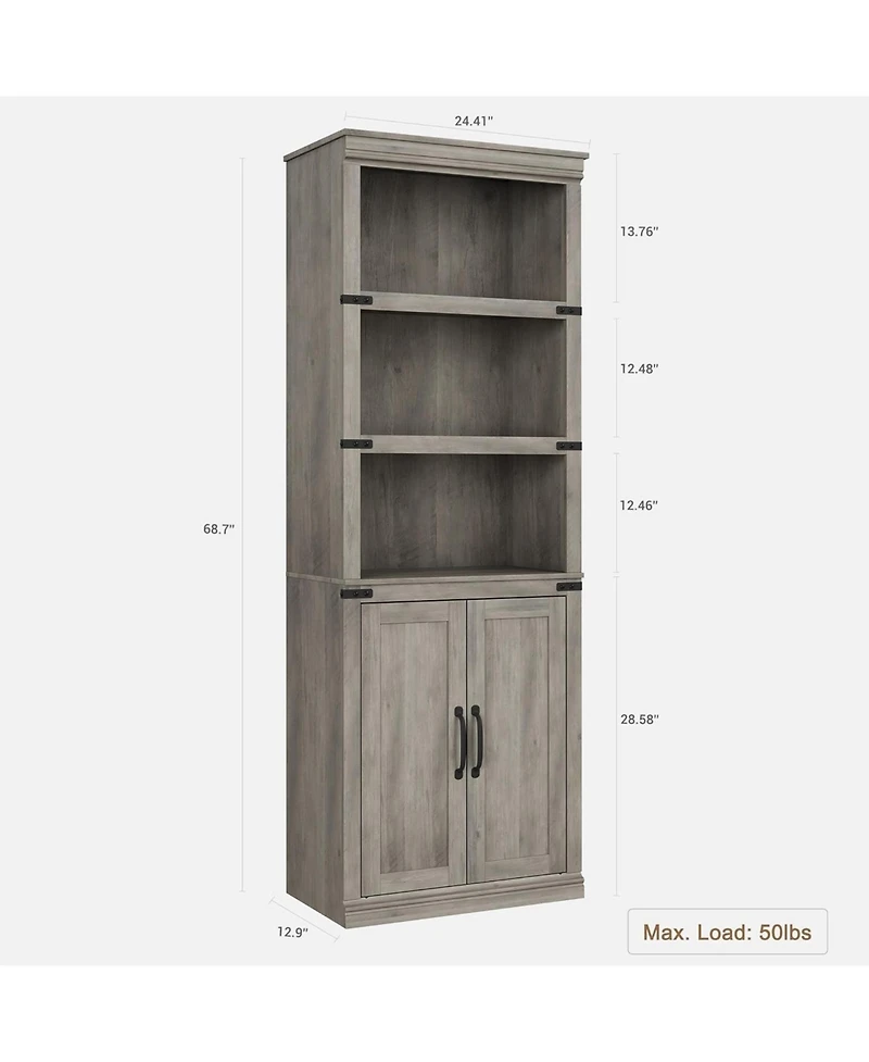 gaomon 68.7" Tall 5-Tier Farmhouse Bookcase with Cabinet – Wooden 5-Shelf Bookshelf with Storage Doors, Freestanding Bookcase