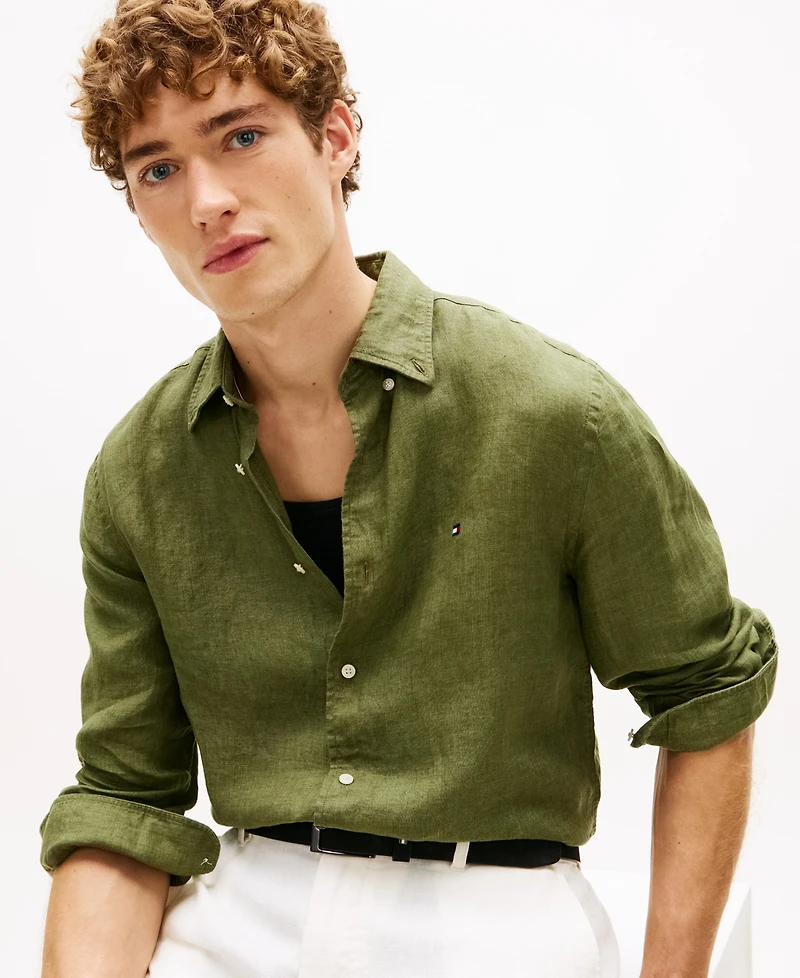 Tommy Hilfiger Men's Pigment-Dyed Linen Button-Down Long Sleeve Shirt