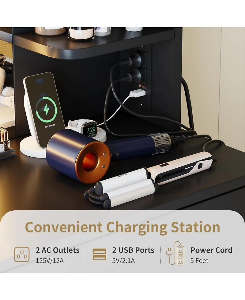 gaomon Vanity Desk with Lighted Mirror, Makeup Vanity Set with Power Outlet, Cushioned Stool, 6 Storage Shelves and 2 Large Drawers