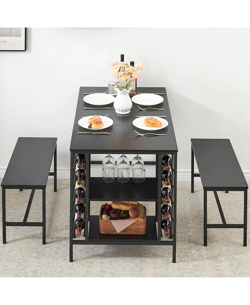 gaomon Dining Table Set for 4 Kitchen Table with 2 Benches Rectangular Dining Room Table Set with Wine Rack and Storage Shelf 3 Piece Dining Table Set
