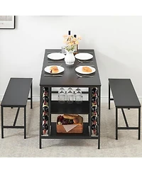 gaomon Dining Table Set for 4 Kitchen Table with 2 Benches Rectangular Dining Room Table Set with Wine Rack and Storage Shelf 3 Piece Dining Table Set