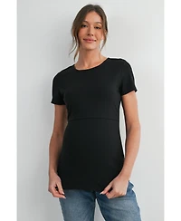 Hello Miz Maternity Nursing Ribbed Short-Sleeve Crewneck Top with Lift-Up Panel