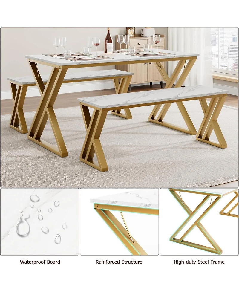 gaomon Kitchen Table with 2 Benches Dining Table Set for 4 with Faux Marble Tabletop Saving Space Dining Room Table Set