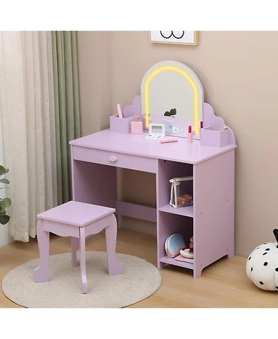 gaomon Kids Vanity with Lighted Mirror - 2 in 1 Little Girls Vanity Table and Stool