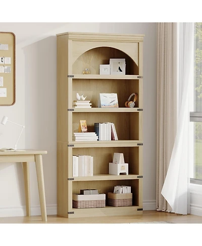 gaomon 68.7" Tall Arched Bookcase – 5-Shelf Farmhouse Wooden Bookshelf with Curved Storage Rack for Home Office, Living Room, or Bedroom