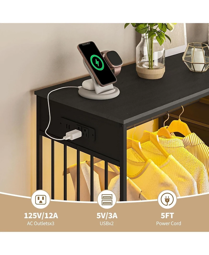 gaomon 6 Drawers Dresser for Bedroom with Hanging Rack, Led Lights & Charging Station, Wooden Top Storage Chest of Drawers with Charging Station