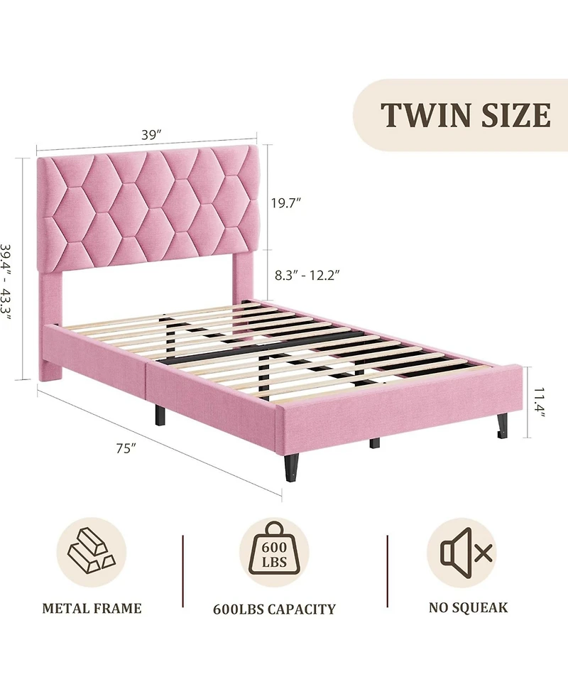 gaomon Pink Twin Bed Frame with Upholstered Headboard, Heavy-Duty Platform Bed Frame with Strong Wood Slats, No Box Spring Needed