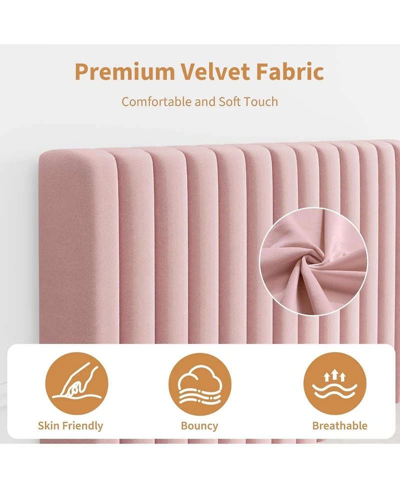 gaomon Twin Size Velvet Platform Bed Frame with Vertical Channel Tufted Adjustable Headboard, Wooden Slats Support, No Box Spring