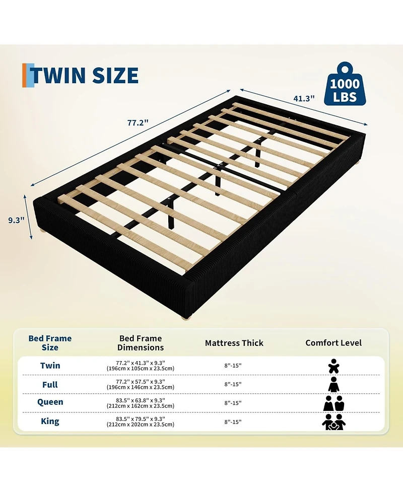 gaomon Twin Cloud Bed Frame, Soft Corduroy Fabric Low Platform Bed with Solid Wood Round Legs, Noiseless Bed Frame Without Headboard