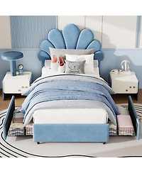 gaomon Twin Kids Bed Frame with Storage Drawers, Velvet Upholstered Headboard