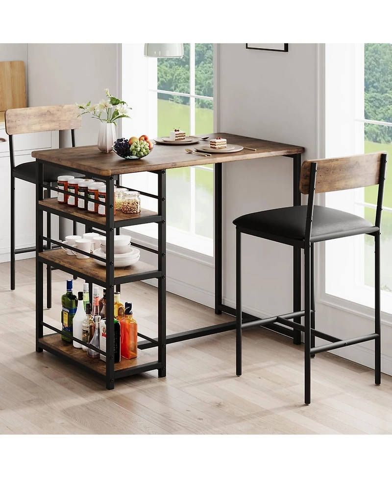 gaomon 3 Piece Counter Height Bar Table Set with 3 Storage Shelves, Dining Table and 2 Upholstered Bar Chairs for Small Spaces
