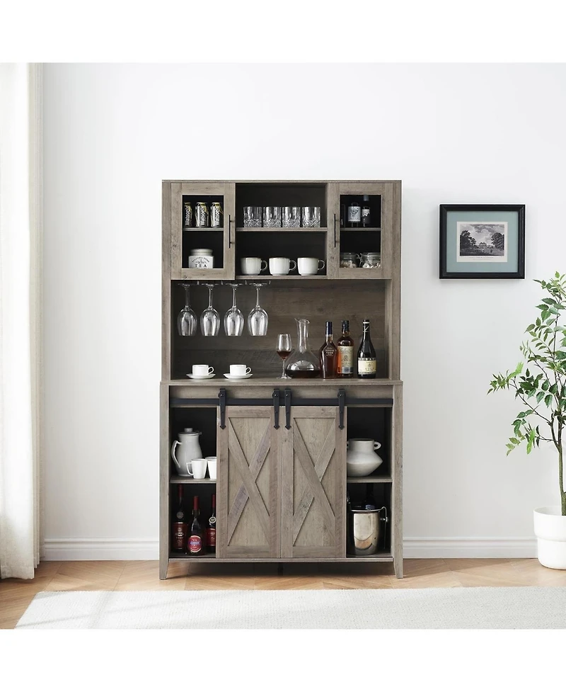 gaomon 70" Tall Farmhouse Coffee Bar Cabinet with Sliding Barn Door Ample Storage Buffet with 7 Adjustable Shelves Wine Rack and Glass Holder.