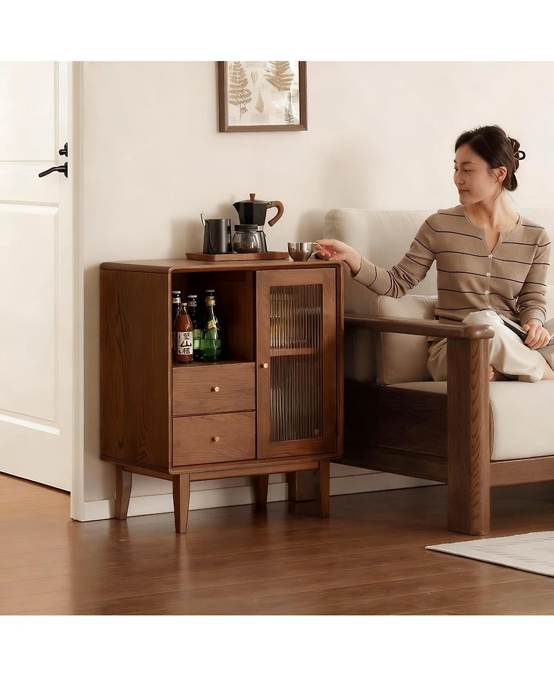 Yigii Solid Wood Cabinet with Glass Doors & Drawers for Living Room