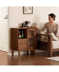 Yigii Solid Wood Cabinet with Glass Doors & Drawers for Living Room