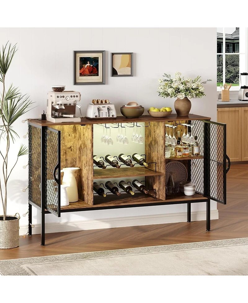 gaomon 47 Inch Industrial Coffee Bar Cabinet with Led Lights and Power Outlets Wood Liquor Cabinet with 2 Doors Glass Holders & Storage