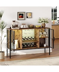 gaomon 47 Inch Industrial Coffee Bar Cabinet with Led Lights and Power Outlets Wood Liquor Cabinet with 2 Doors Glass Holders & Storage