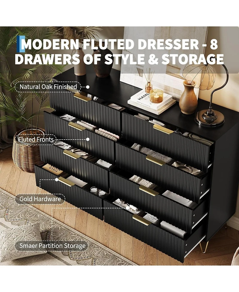 gaomon Fluted 8-Drawer Dresser for Bedroom, Modern Minimalist Chest of Wooden Drawers, Wide Clothes Storage Organizer