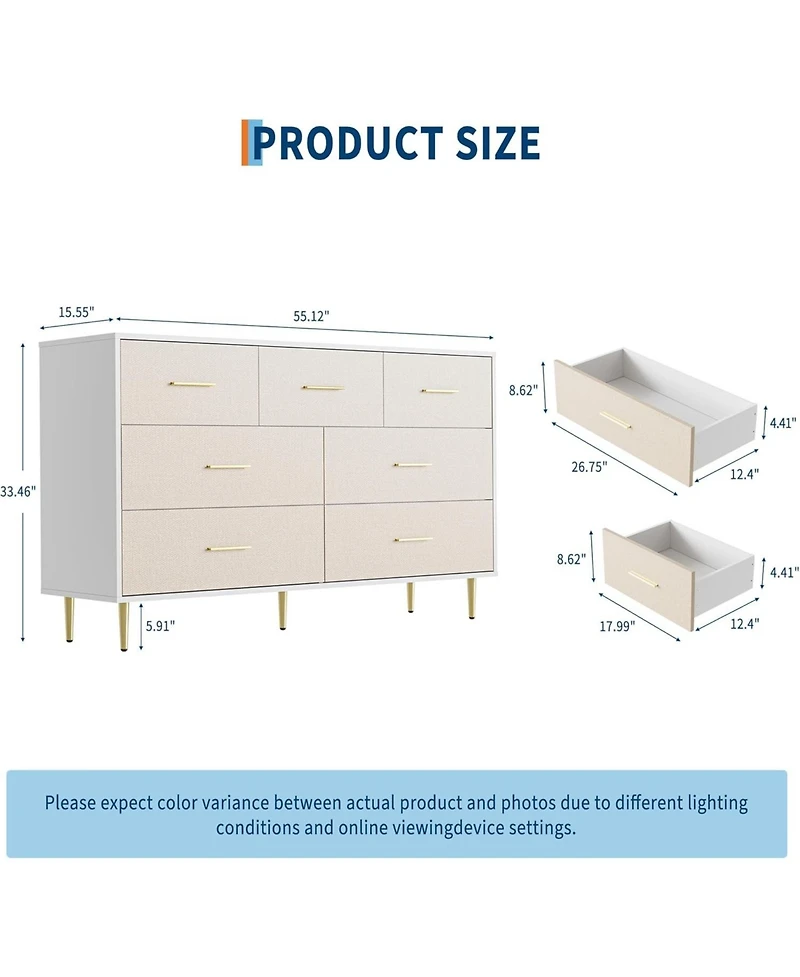 gaomon 7 Drawer Dresser, Modern Chest of Drawer with Gold Metal Handles, Wood Dresser for Bedroom with Strong Metal Legs, White Storage Organizer