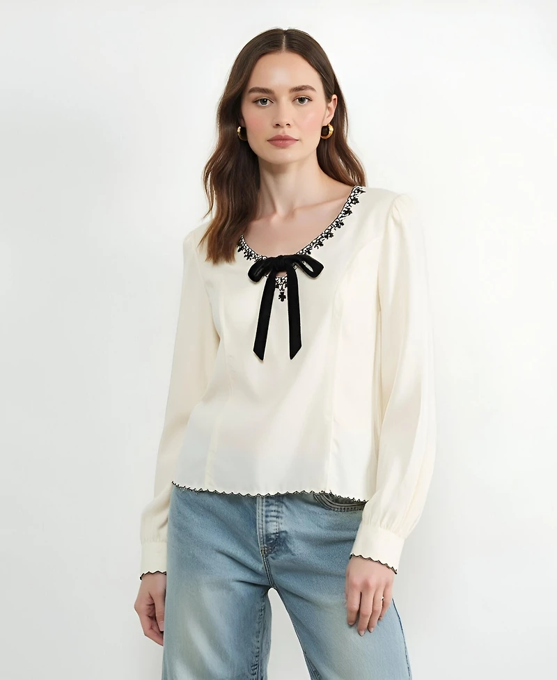 Draft - Modenaire Women's Embroidered Blouse with Velvet Bow and Scalloped Hem