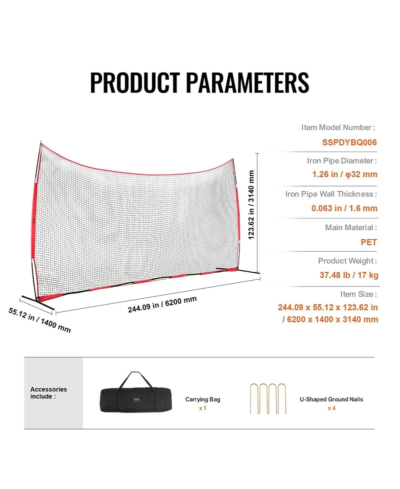 Mecale Barricade Backstop Net, 20x10 ft Sports Barrier Netting with Carry Bag, Practice Screen for Baseball, Softball, Soccer and Hockey