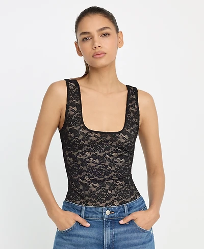 Good American Women's Stretch Lace Scoop Neck Tank Bodysuit, Regular & Plus