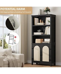 gaomon 70" Tall Farmhouse Bookshelf with Rattan Doors – Wooden Bookcase with 3-Tier Open Shelves, Floor-Standing Display Storage for Home,