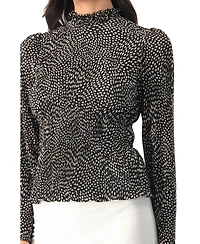 Ivonne Women's Long Sleeve Polka Dot Pleated Blouse