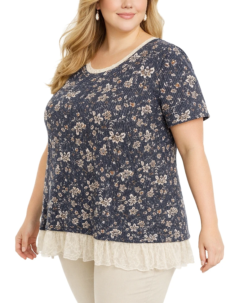 Coin 1804 Plus Boho Floral Rib and Lace Pleat Back Short Sleeve Top