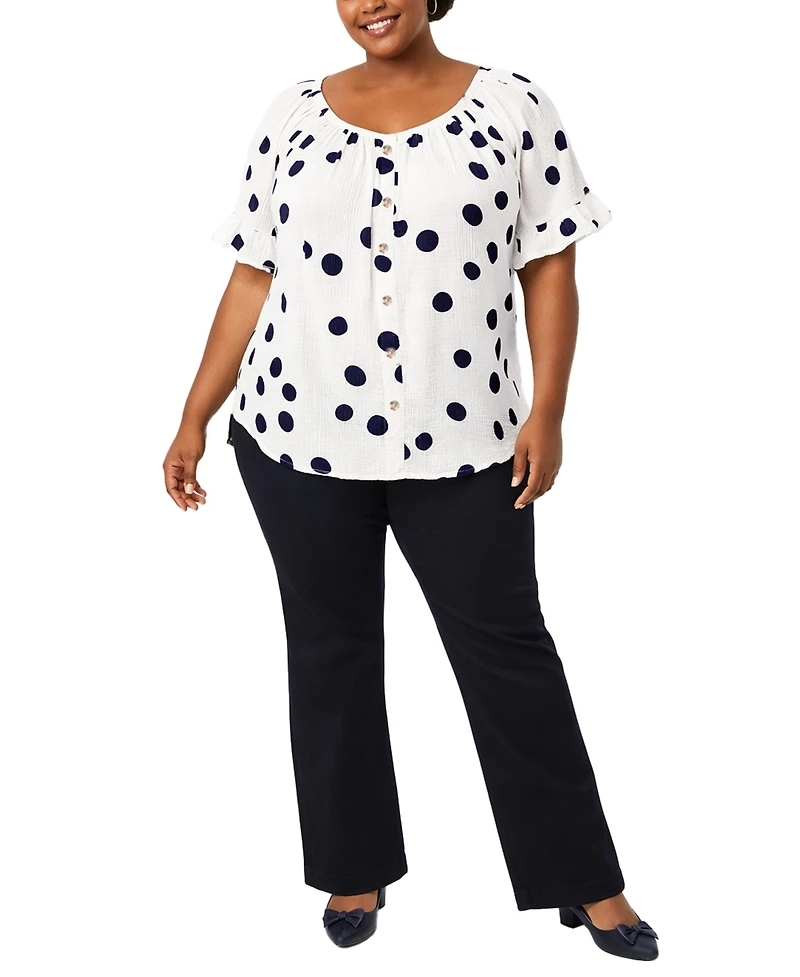 Coin 1804 Plus Polka Dot Crinkle Knit Button-Front Ruffle Sleeve Top