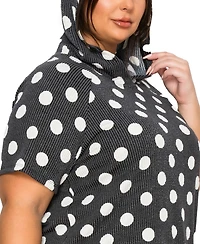 Coin 1804 Plus Polka Dot Double Knit Hoodie Short Sleeve Elastic Hem Top