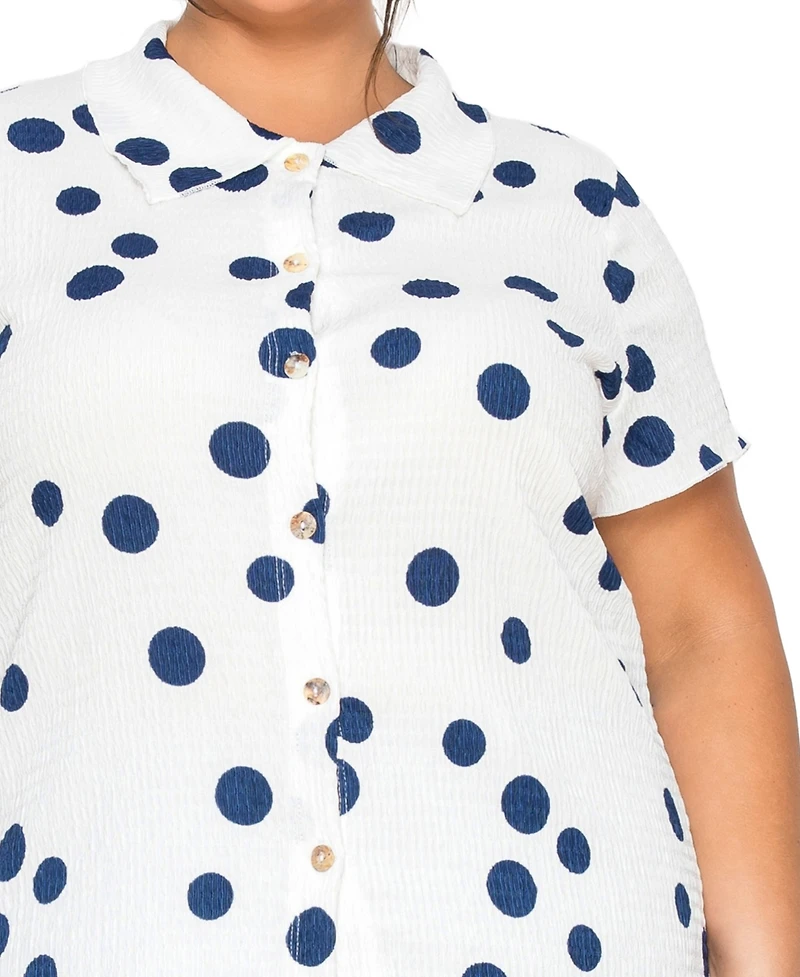 Coin 1804 Plus Size Polka Dot Crinkle Knit Button Short-Sleeve Button Shirt
