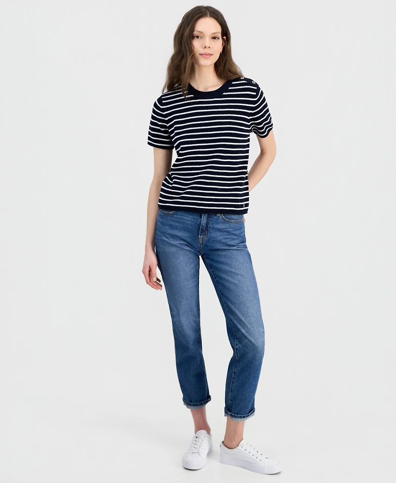 Nautica Women's Crewneck Short-Sleeve Striped Sweater
