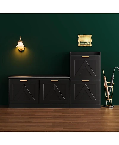 gaomon Farmhouse Shoe Cabinet with Bench, 4 Flip Drawers, Comfortable Cushioned Seat, Entryway Shoe Storage Organizer