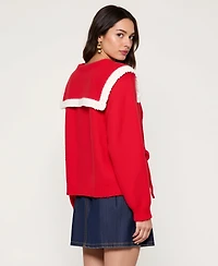 Modenaire Women's Ruffle Collar Tie-Front Knit Sweater