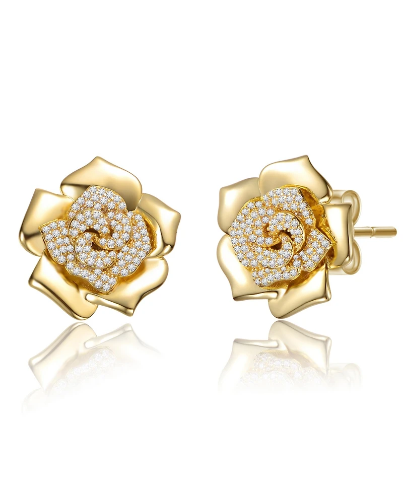 14K Gold Plated with Clear Cubic Zirconia Accents Flower Earrings