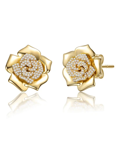 14K Gold Plated with Clear Cubic Zirconia Accents Flower Earrings