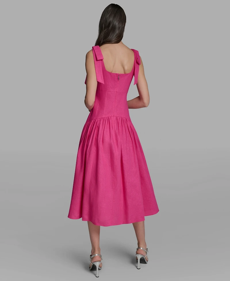 Karl Lagerfeld Paris Women's Sleeveless Bow Strap Square Neck Midi Dress