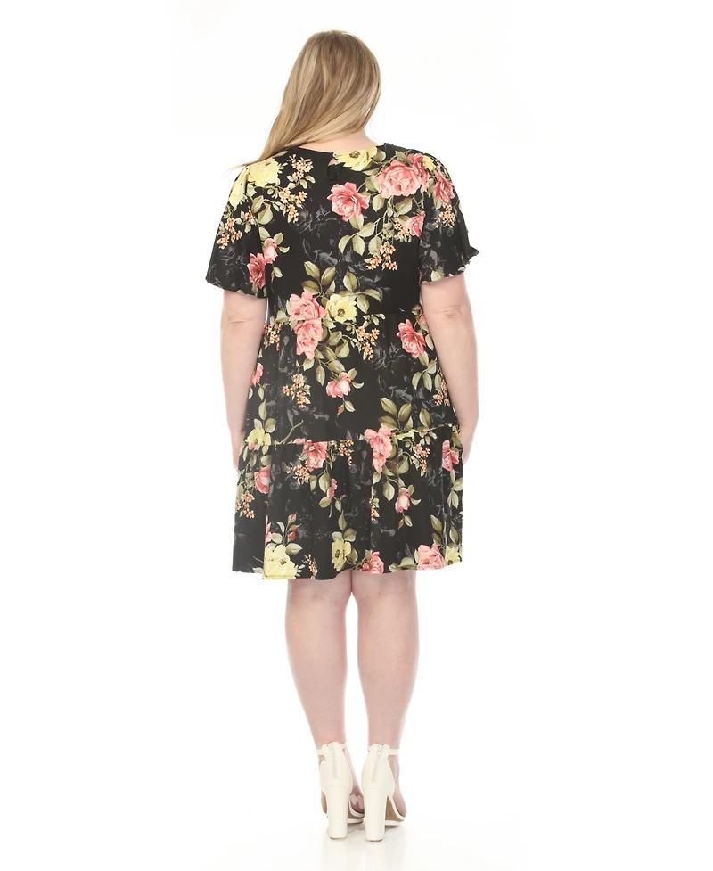 White Mark Plus V-Neck Tropical Flower Short Sleeve Dress