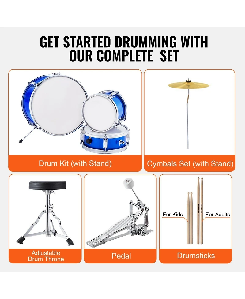 Sugift Kids Drum Set 3-Piece 14" Beginner Kit with Throne Pedal Sticks Blue