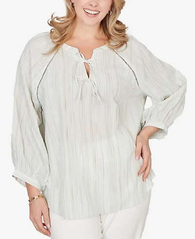 Ruby Rd. Plus Crinkle Stripe Tie Front Peasant Top