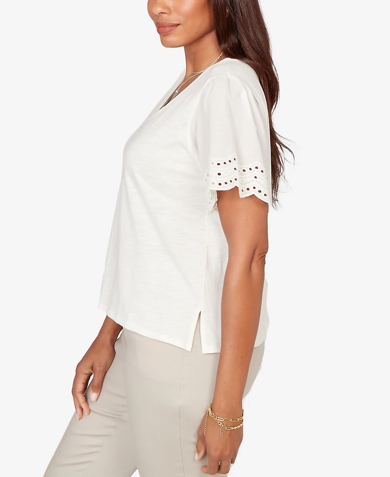 Ruby Rd. Plus Eyelet Poplin Sleeve Slub Knit Top